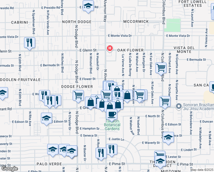 map of restaurants, bars, coffee shops, grocery stores, and more near 2552 North Alvernon Way in Tucson