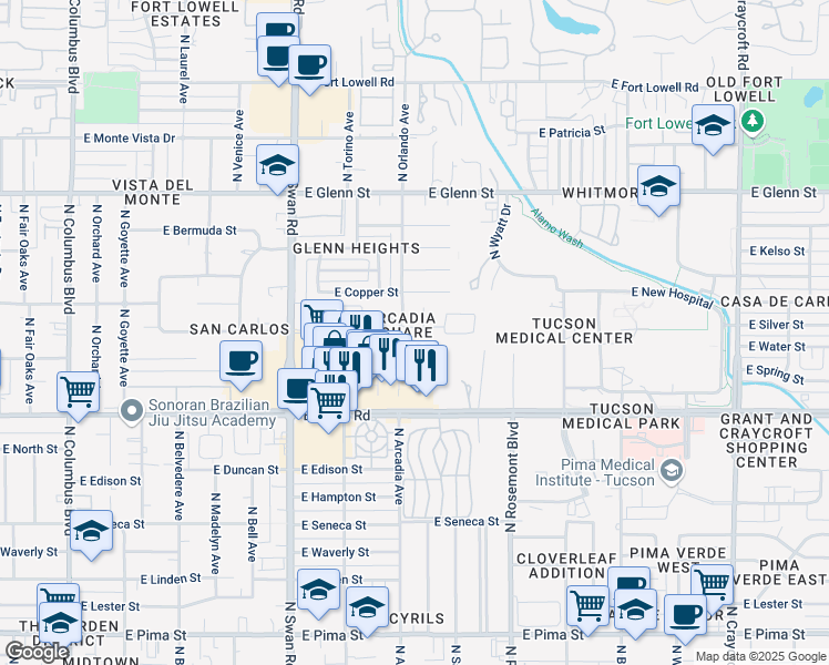 map of restaurants, bars, coffee shops, grocery stores, and more near 4922 East Water Street in Tucson