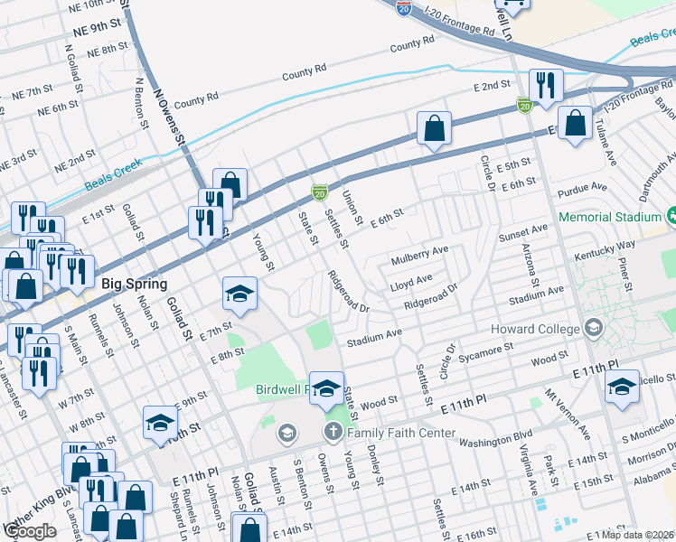 map of restaurants, bars, coffee shops, grocery stores, and more near 617-699 Ridgeroad Drive in Big Spring