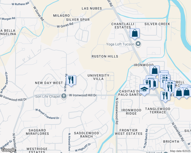 map of restaurants, bars, coffee shops, grocery stores, and more near 2620 West Ironwood Hill Drive in Tucson