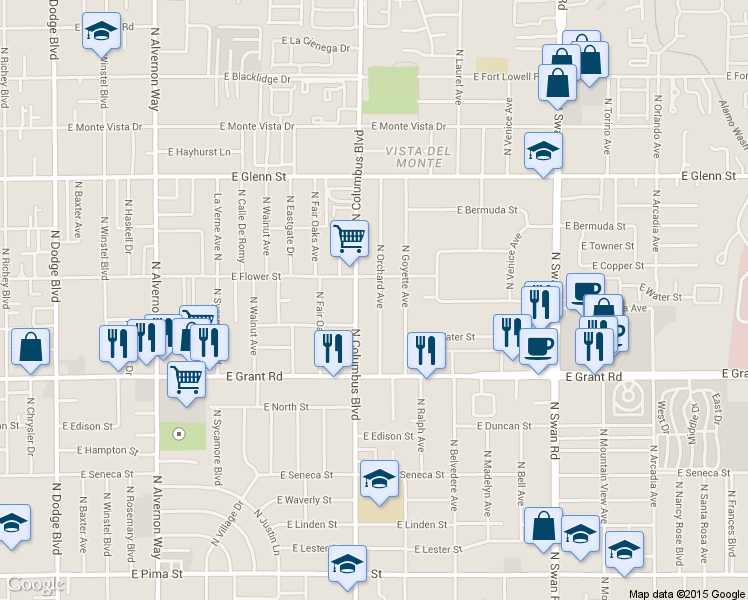 map of restaurants, bars, coffee shops, grocery stores, and more near 2514 North Columbus Boulevard in Tucson