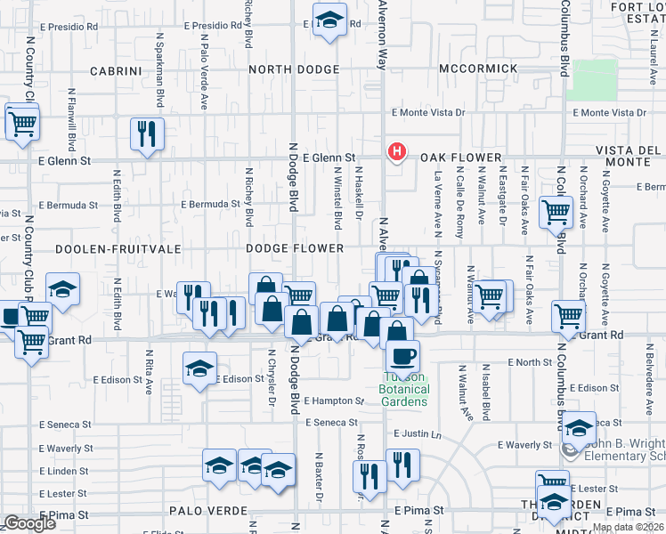 map of restaurants, bars, coffee shops, grocery stores, and more near 6 East Valencia Avenue in Tucson