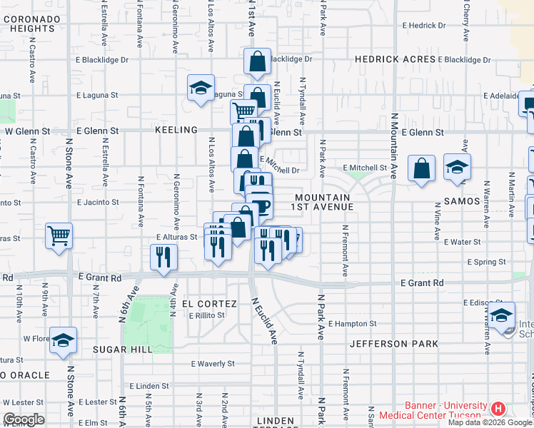map of restaurants, bars, coffee shops, grocery stores, and more near 818 East Silver Street in Tucson