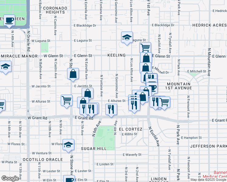 map of restaurants, bars, coffee shops, grocery stores, and more near 2530 North Geronimo Avenue in Tucson