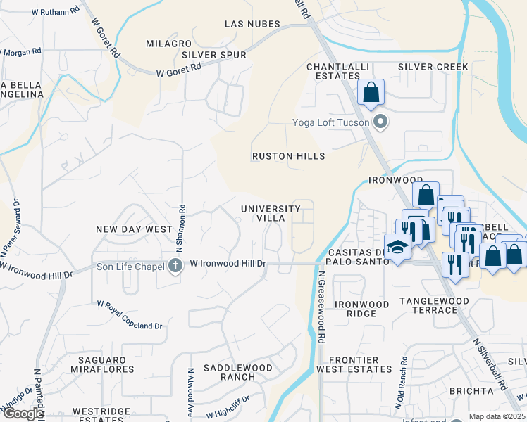 map of restaurants, bars, coffee shops, grocery stores, and more near 2620 West Ironwood Hill Drive in Tucson