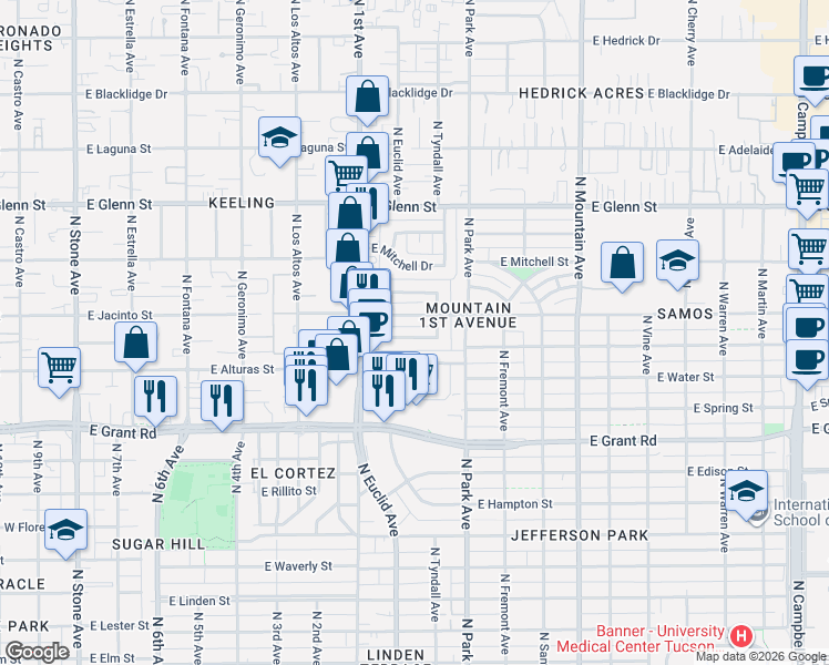 map of restaurants, bars, coffee shops, grocery stores, and more near 835 East Silver Street in Tucson