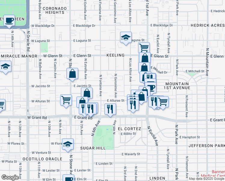 map of restaurants, bars, coffee shops, grocery stores, and more near 2530 North Geronimo Avenue in Tucson