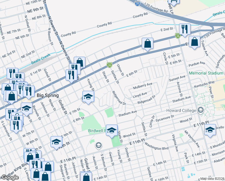 map of restaurants, bars, coffee shops, grocery stores, and more near 600 Ridgelea Drive in Big Spring