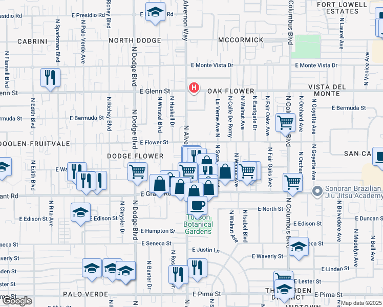 map of restaurants, bars, coffee shops, grocery stores, and more near 2552 North Alvernon Way in Tucson