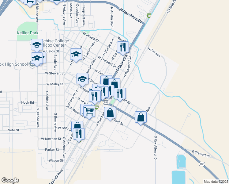 map of restaurants, bars, coffee shops, grocery stores, and more near 235 East Stewart Street in Willcox