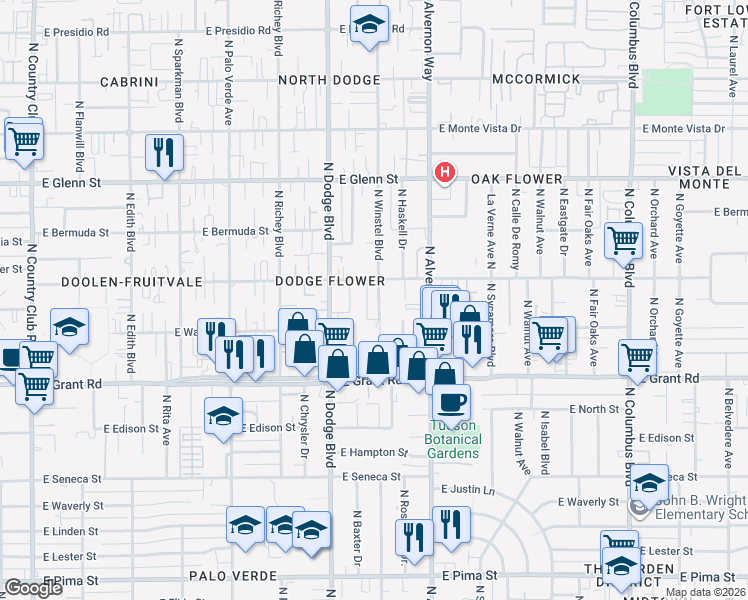 map of restaurants, bars, coffee shops, grocery stores, and more near 6 East Valencia Avenue in Tucson