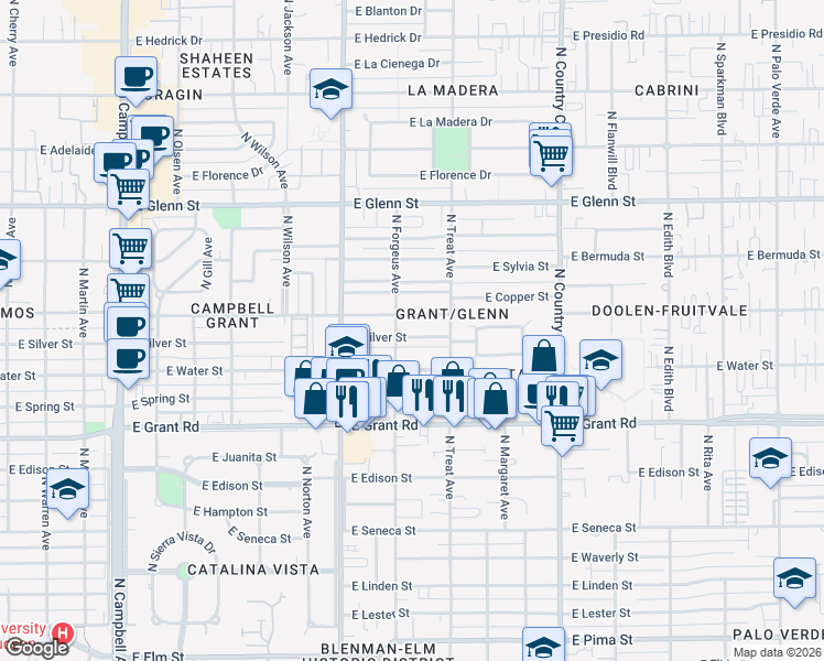 map of restaurants, bars, coffee shops, grocery stores, and more near 2619 East Silver Street in Tucson