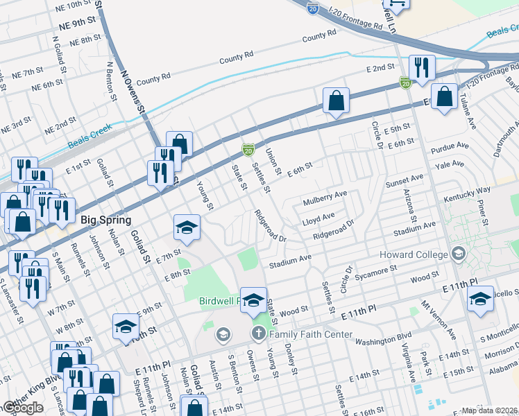 map of restaurants, bars, coffee shops, grocery stores, and more near 617-699 Ridgeroad Drive in Big Spring