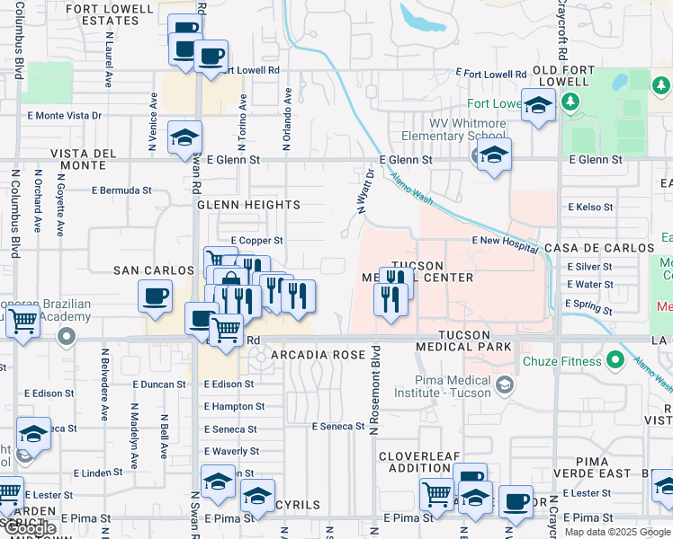 map of restaurants, bars, coffee shops, grocery stores, and more near 5013 East Water Street in Tucson