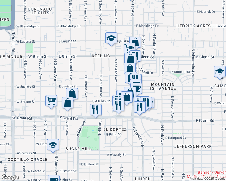 map of restaurants, bars, coffee shops, grocery stores, and more near 2525 North Los Altos Avenue in Tucson