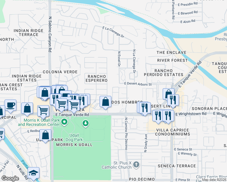 map of restaurants, bars, coffee shops, grocery stores, and more near 2520 North Bay Drive in Tucson