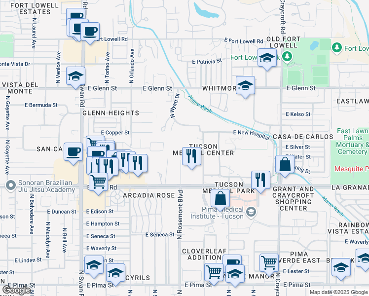 map of restaurants, bars, coffee shops, grocery stores, and more near 2500 North Rosemont Boulevard in Tucson