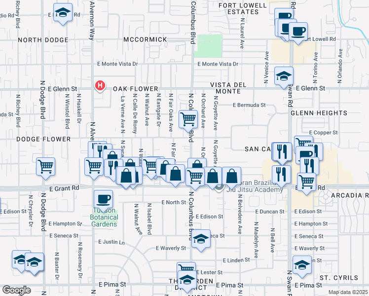 map of restaurants, bars, coffee shops, grocery stores, and more near 2520 North Fair Oaks Avenue in Tucson