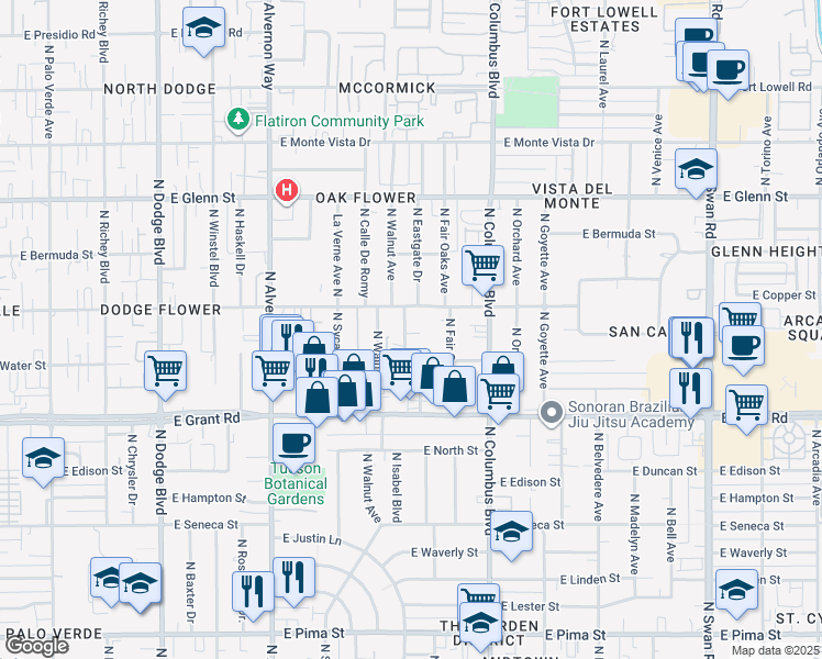 map of restaurants, bars, coffee shops, grocery stores, and more near 4144 East Desert Place in Tucson