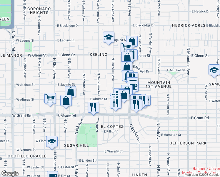 map of restaurants, bars, coffee shops, grocery stores, and more near 2525 North Los Altos Avenue in Tucson