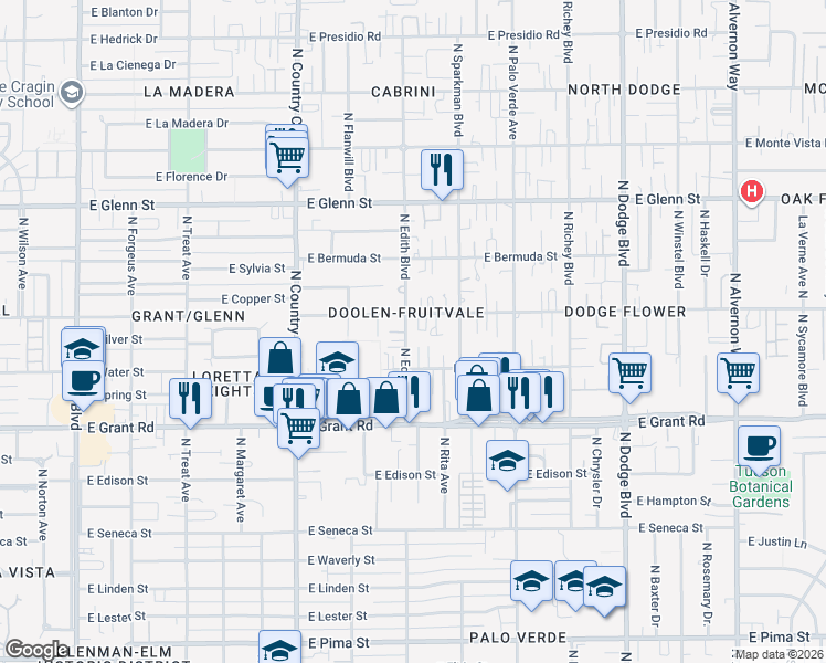 map of restaurants, bars, coffee shops, grocery stores, and more near 3313 East Water Street in Tucson