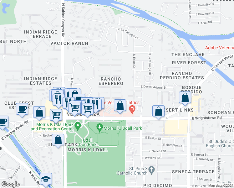 map of restaurants, bars, coffee shops, grocery stores, and more near 7442 East Calle Perpetuo in Tucson