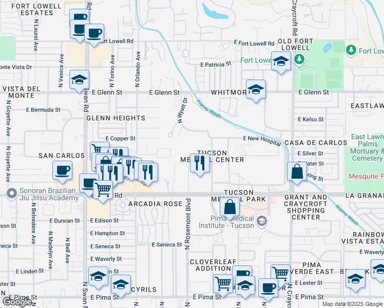 map of restaurants, bars, coffee shops, grocery stores, and more near 2500 North Rosemont Boulevard in Tucson