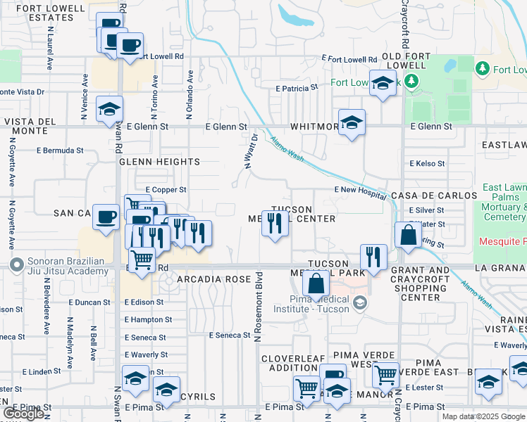 map of restaurants, bars, coffee shops, grocery stores, and more near 2500 North Rosemont Boulevard in Tucson