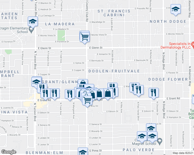 map of restaurants, bars, coffee shops, grocery stores, and more near 2545 North Flanwill Boulevard in Tucson