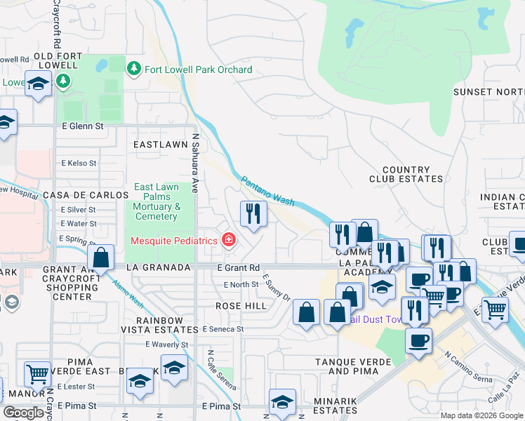 map of restaurants, bars, coffee shops, grocery stores, and more near 6161 East Grant Road in Tucson