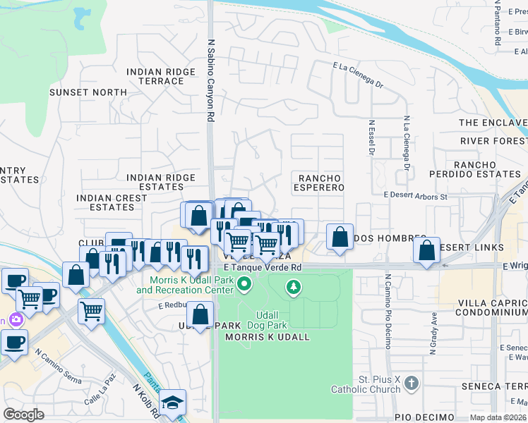map of restaurants, bars, coffee shops, grocery stores, and more near 2515 North Avenida San Valle in Tucson