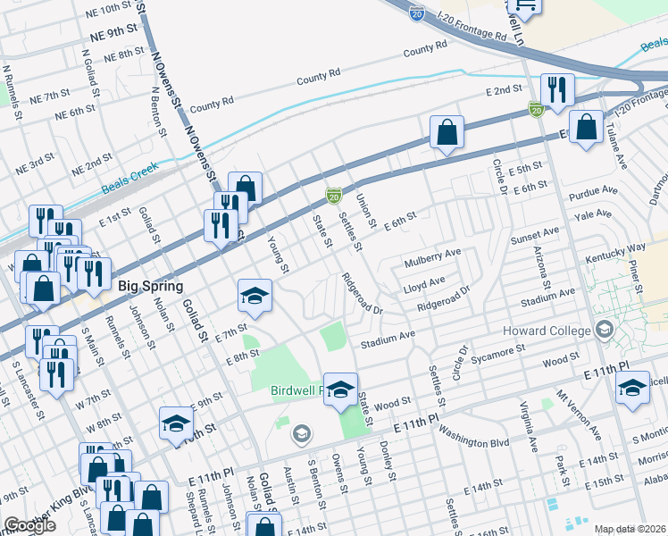 map of restaurants, bars, coffee shops, grocery stores, and more near 600-698 Ridgelea Drive in Big Spring