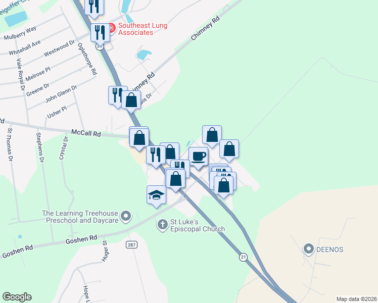 map of restaurants, bars, coffee shops, grocery stores, and more near 121 Goshen Commercial Park Drive in Rincon