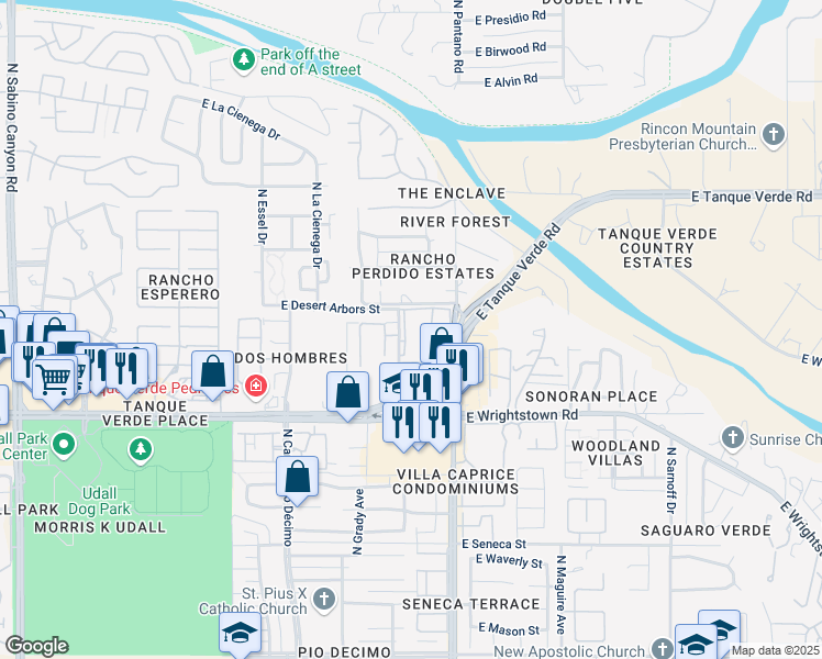 map of restaurants, bars, coffee shops, grocery stores, and more near 2522 North Blue Willow TR in Tucson