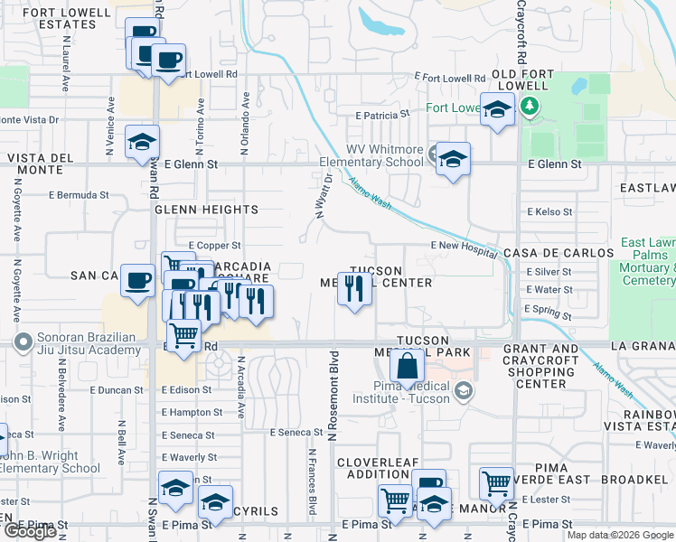 map of restaurants, bars, coffee shops, grocery stores, and more near 2500 North Rosemont Boulevard in Tucson