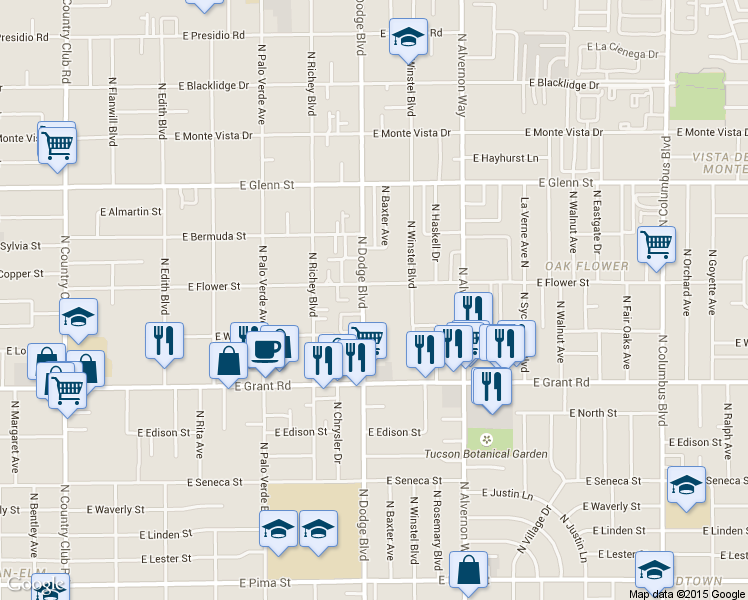 map of restaurants, bars, coffee shops, grocery stores, and more near 3751 East Grant Road in Tucson
