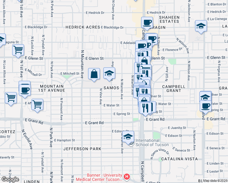 map of restaurants, bars, coffee shops, grocery stores, and more near 1628 East Silver Street in Tucson