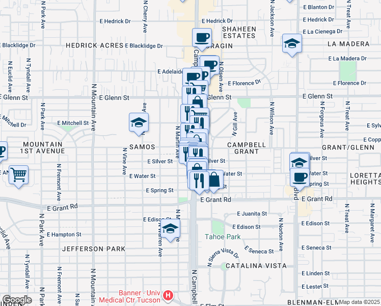 map of restaurants, bars, coffee shops, grocery stores, and more near 2545 North Campbell Avenue in Tucson