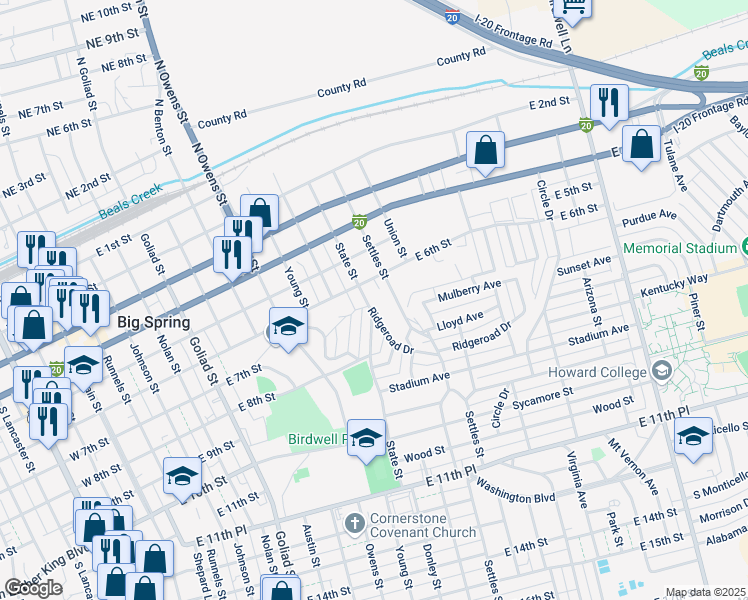 map of restaurants, bars, coffee shops, grocery stores, and more near 617-699 Ridgeroad Drive in Big Spring