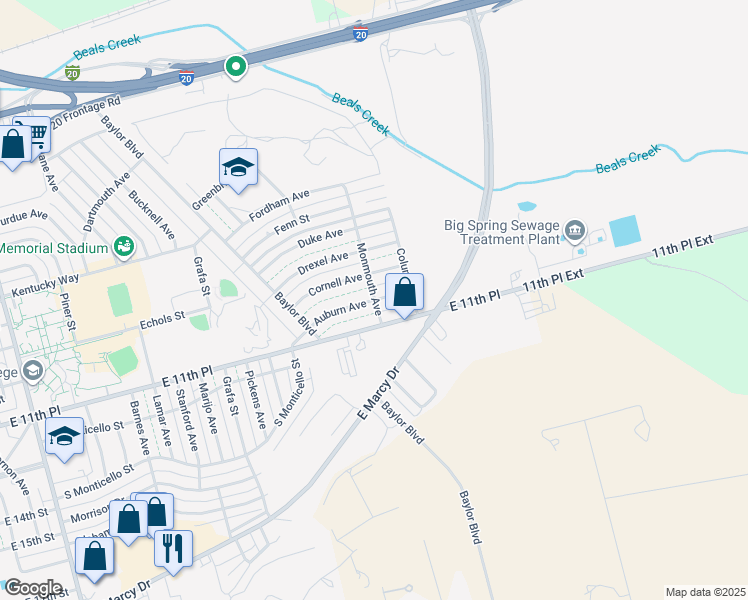map of restaurants, bars, coffee shops, grocery stores, and more near 3299 Auburn Avenue in Big Spring