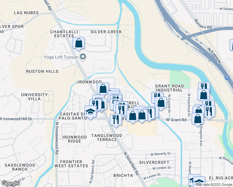 map of restaurants, bars, coffee shops, grocery stores, and more near 2121 West Splitwood Place in Tucson