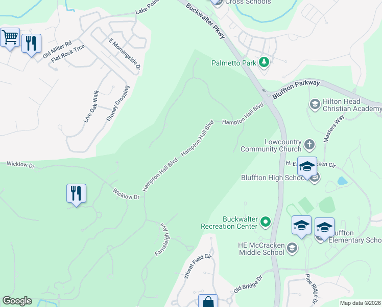 map of restaurants, bars, coffee shops, grocery stores, and more near 55 Hampton Hall Boulevard in Bluffton