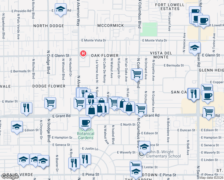 map of restaurants, bars, coffee shops, grocery stores, and more near 2520 North Walnut Avenue in Tucson