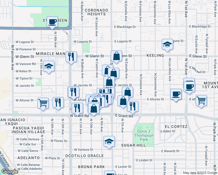 map of restaurants, bars, coffee shops, grocery stores, and more near 2555 North Stone Avenue in Tucson