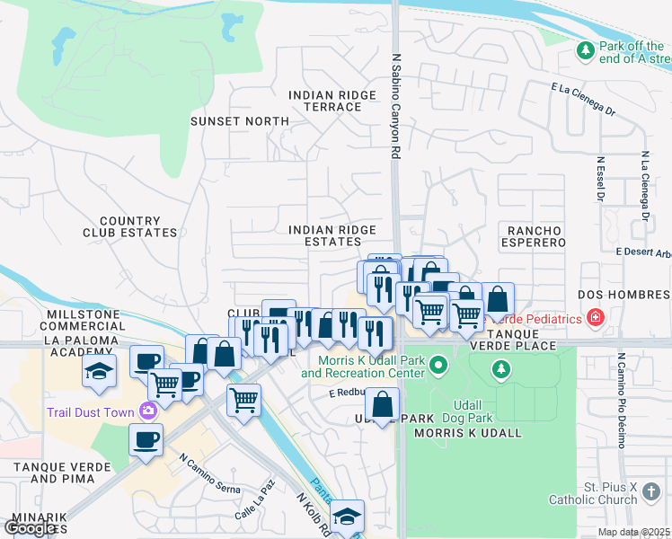 map of restaurants, bars, coffee shops, grocery stores, and more near 2515 North Indian Ridge Drive in Tucson