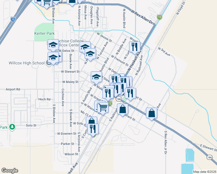 map of restaurants, bars, coffee shops, grocery stores, and more near 151 West Maley Street in Willcox