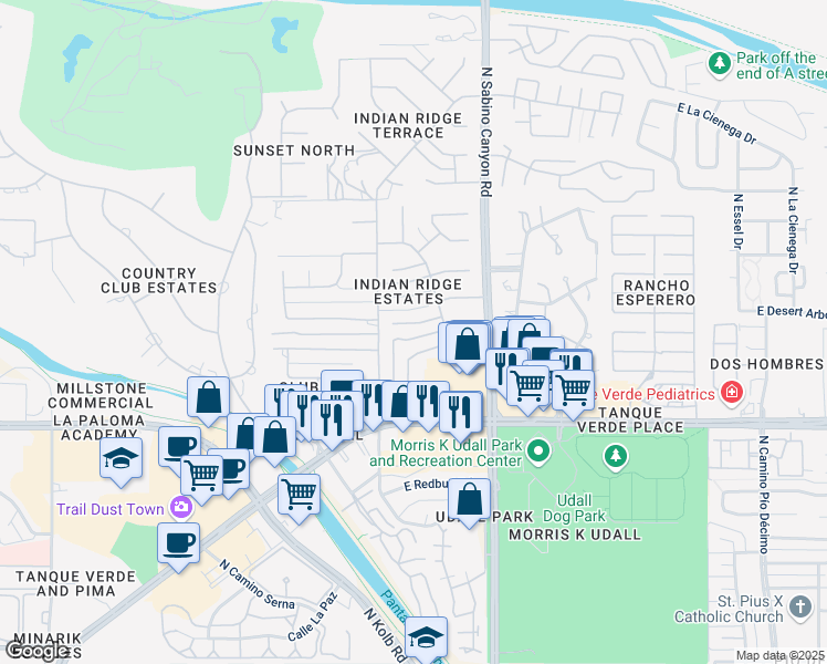 map of restaurants, bars, coffee shops, grocery stores, and more near 2515 North Indian Ridge Drive in Tucson