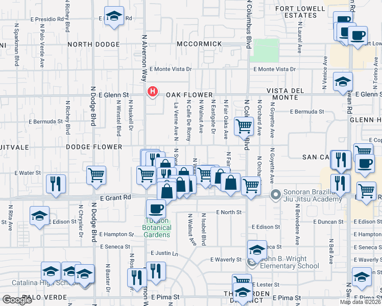 map of restaurants, bars, coffee shops, grocery stores, and more near 2520 North Walnut Avenue in Tucson