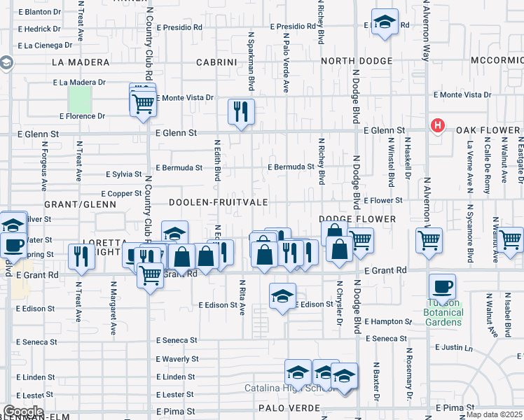 map of restaurants, bars, coffee shops, grocery stores, and more near 2522 North Sparkman Boulevard in Tucson