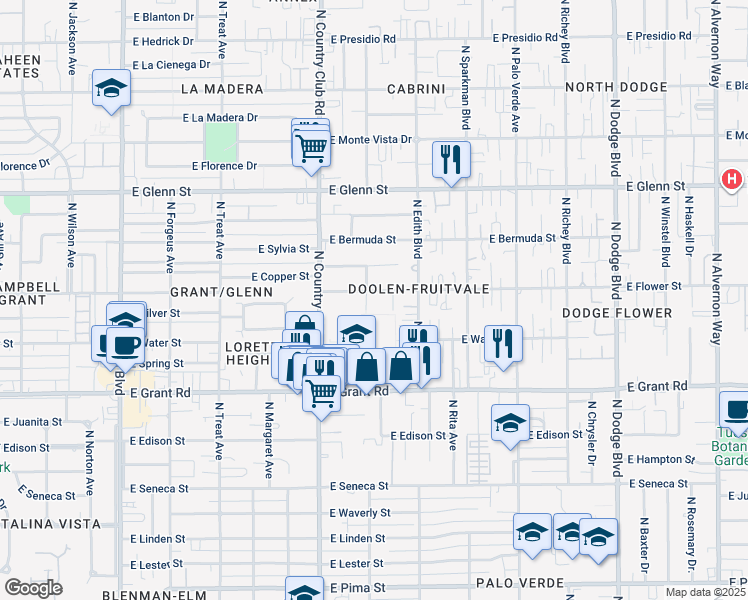 map of restaurants, bars, coffee shops, grocery stores, and more near 2537 North Flanwill Boulevard in Tucson
